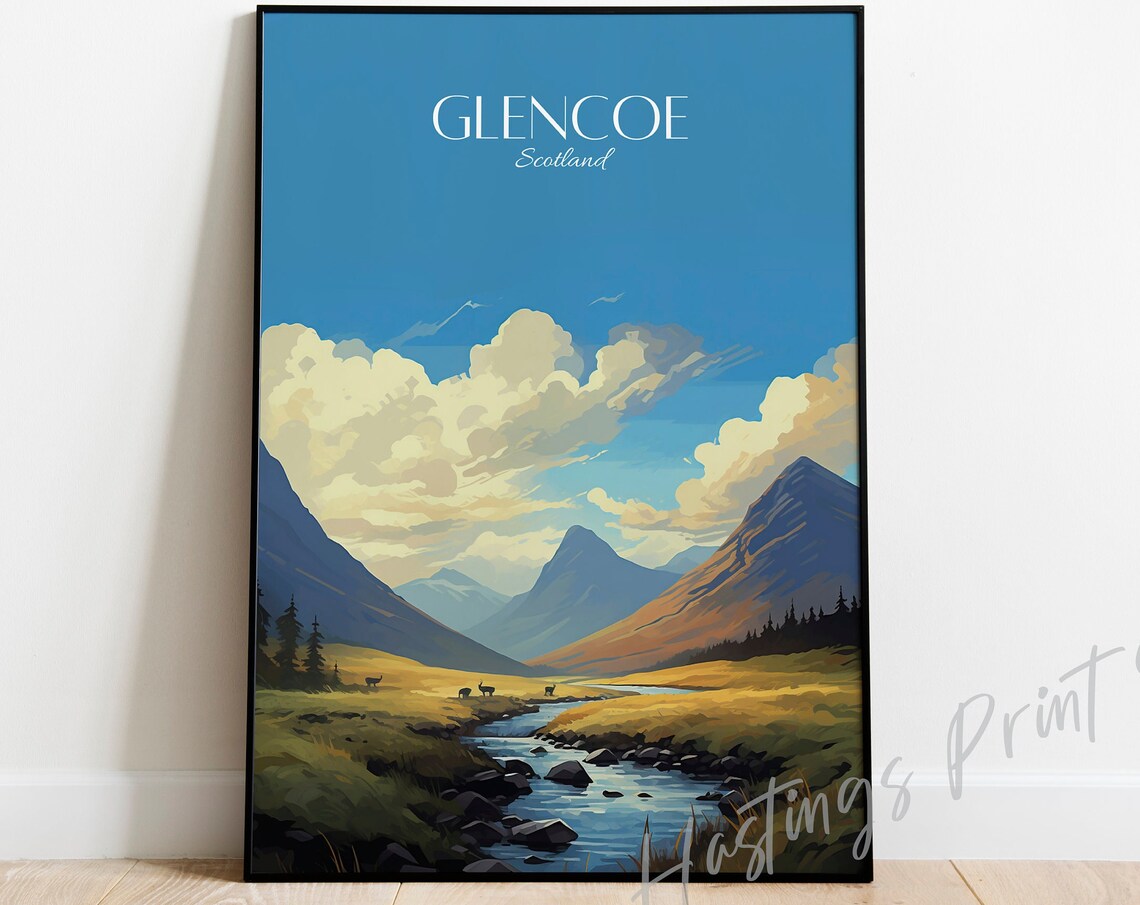 Glencoe Scotland Highlands Valley River Vintage Travel Poster