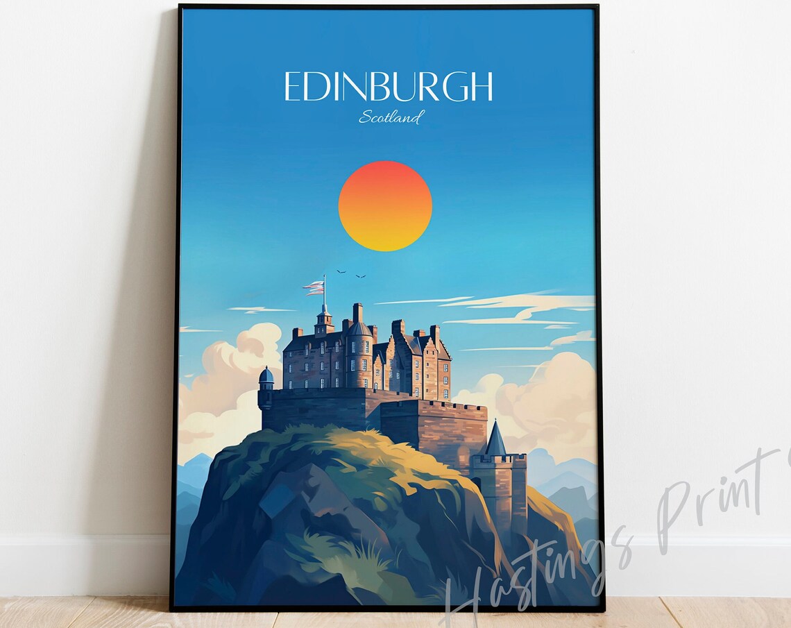 Edinburgh Scotland Travel Poster Castle Sunset Blue Sky Vintage City Art