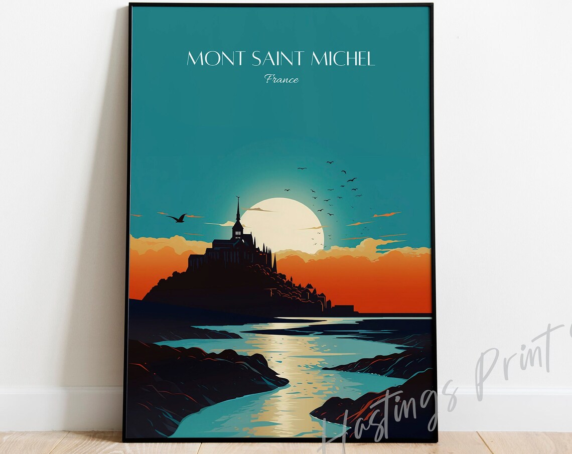 Mont Saint Michel Island Abbey Sunset Sky France Travel Art Poster