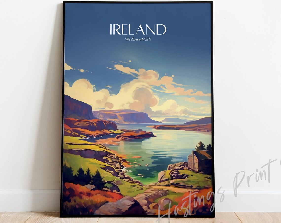 Ireland The Emerald Isle Vintage Coastal Scene Travel Poster