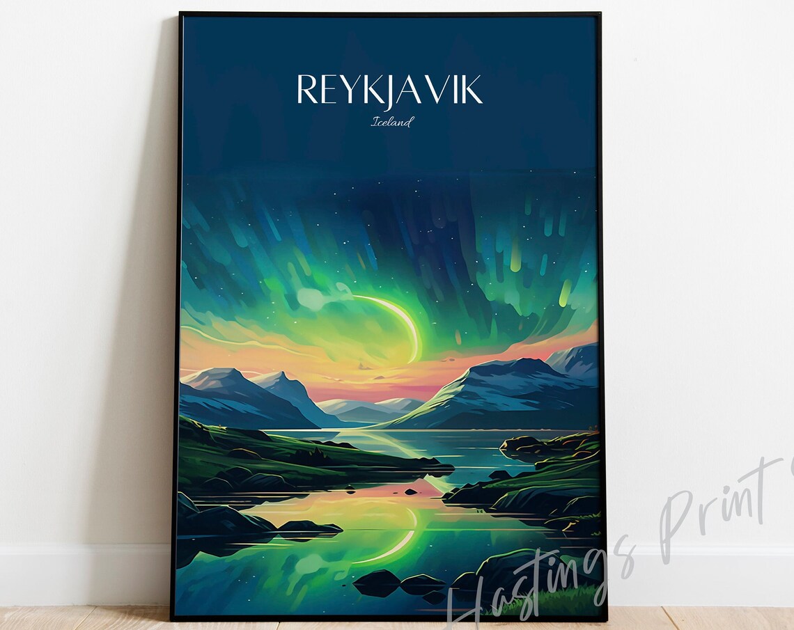Reykjavik Iceland Northern Lights Vintage Travel Poster Aurora Glow