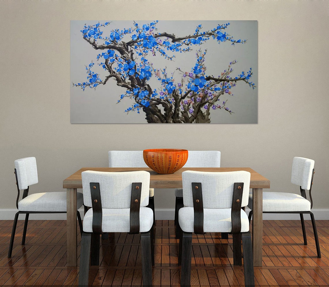 Blue Plum Blossom Branches On Soft Grey Ink Wash Oil Paint Poster - Image 2