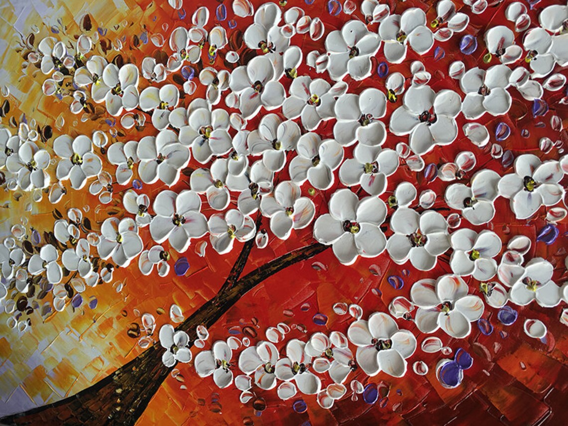 Abstract White Flower Oil Painting White Cherry Blossom Painting On Brown Wall Art Pallette Knife Painting Living Room Wall Decor Art - Image 2