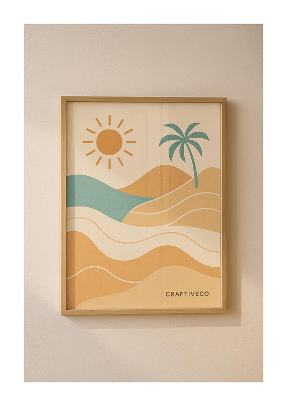 Minimal Coastal Sunset Palm Tree Waves Boho Beach Summer Poster