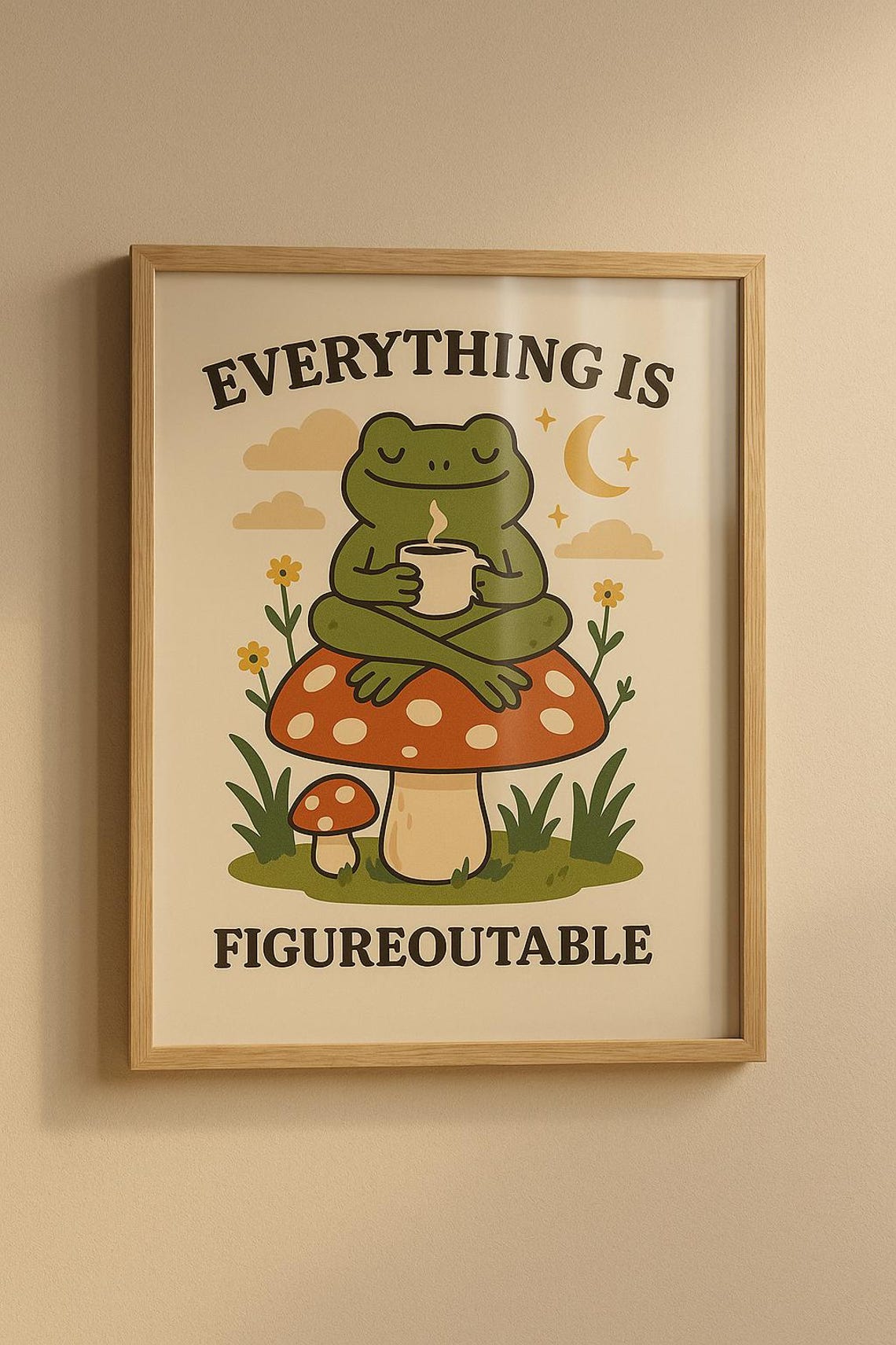 Everything Is Figureoutable Cute Frog On Mushroom Quote Poster