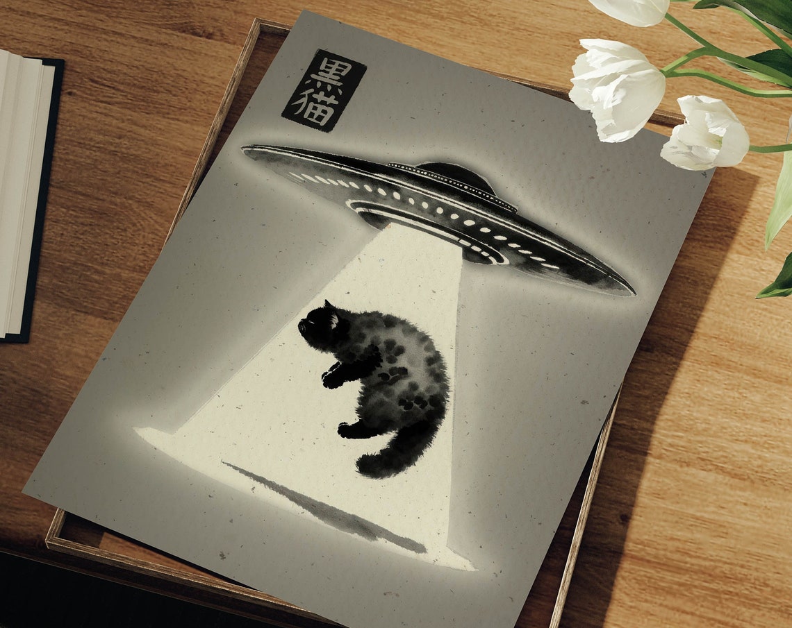 Black Cat UFO Abduction Japanese Ink Painting Funny Art Poster - Image 2