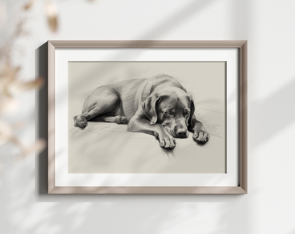 Chocolate Labrador Sleeping Soft Pencil Sketch Minimalist Art Print