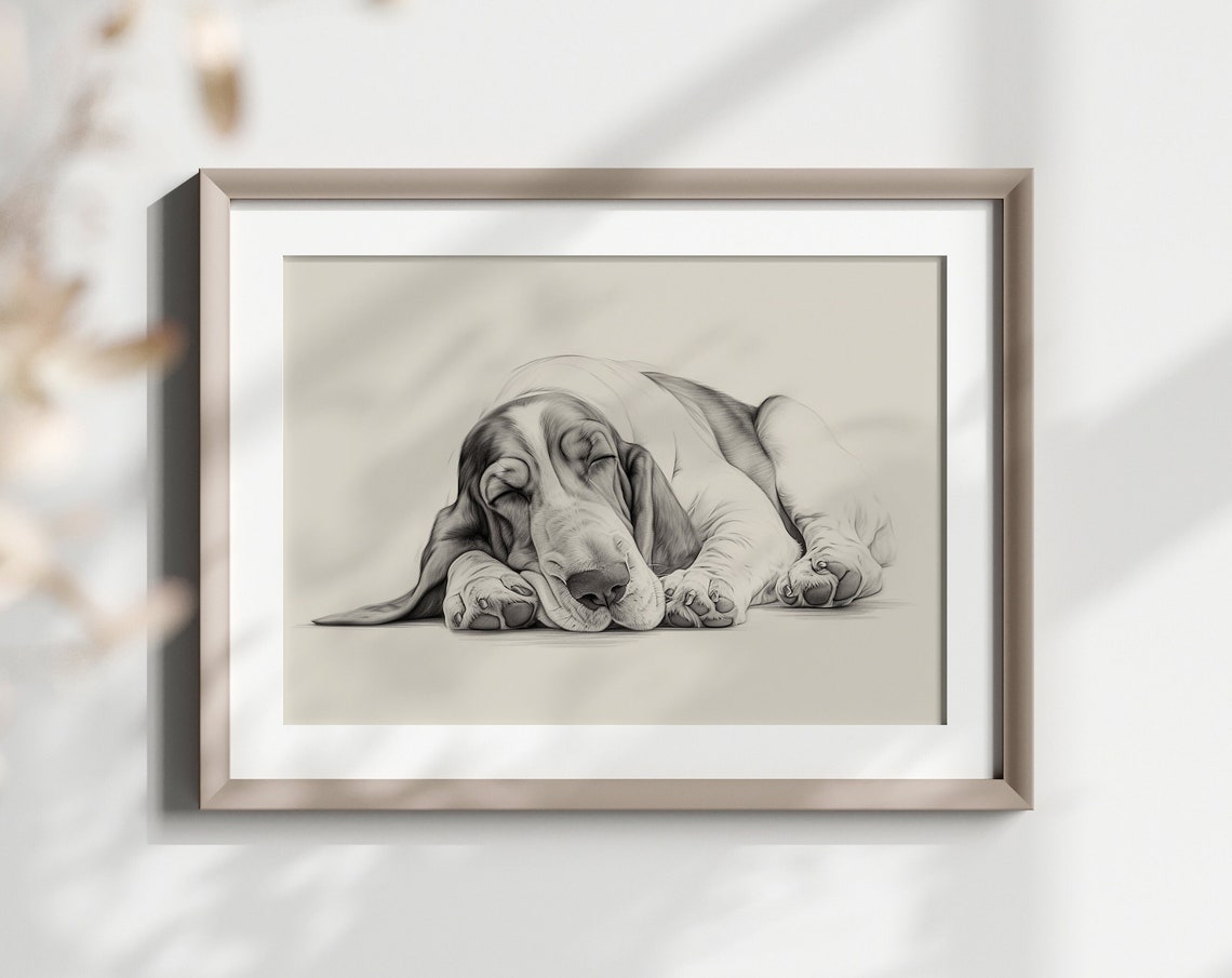 Basset Hound Sleeping Puppy Pencil Sketch Long Ears Breed Lover Poster