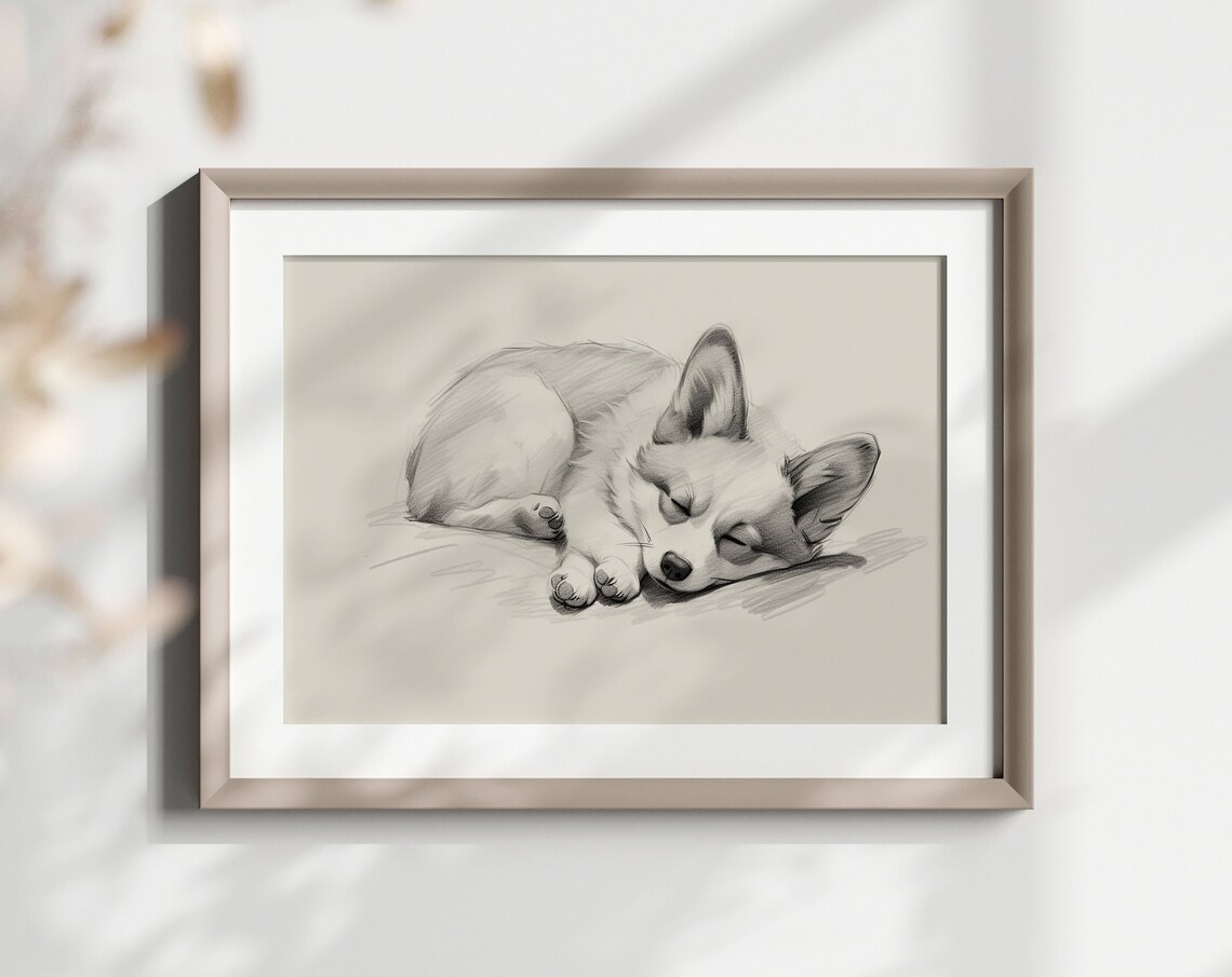 Corgi Pencil Sketch Art Print, Dog Wall Decor