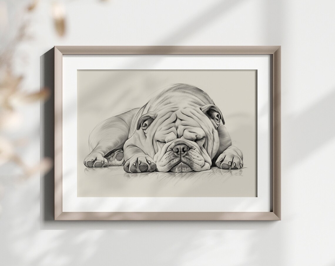 English Bulldog Sleeping Puppy Pencil Sketch Breed Lover Gift Poster