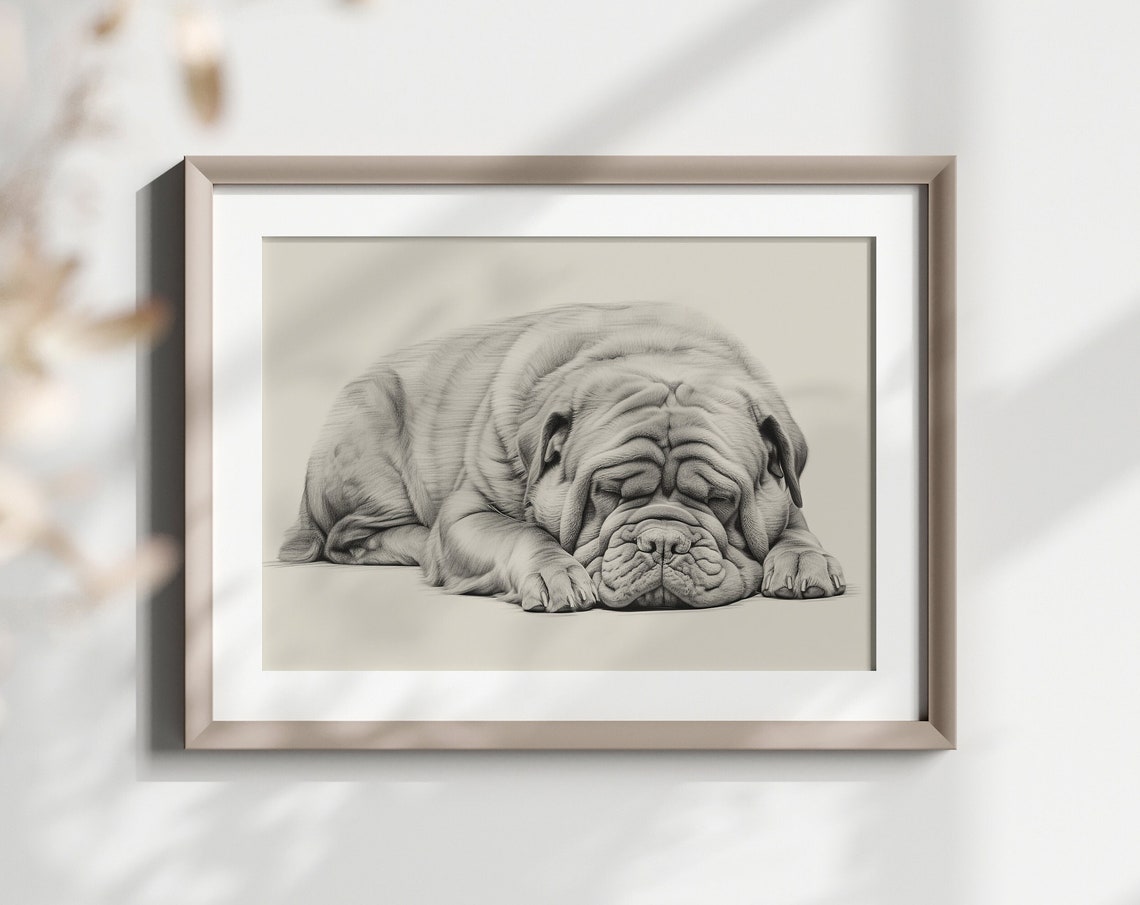 French Mastiff Puppy Sleeping Pencil Sketch Minimalist Print