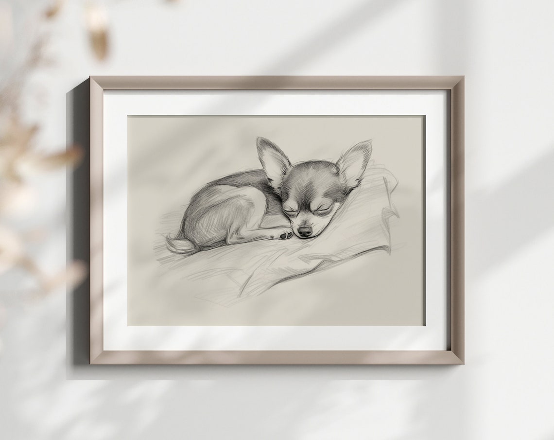 Chihuahua Sleeping on Pillow Pencil Sketch Small Dog Lover Poster