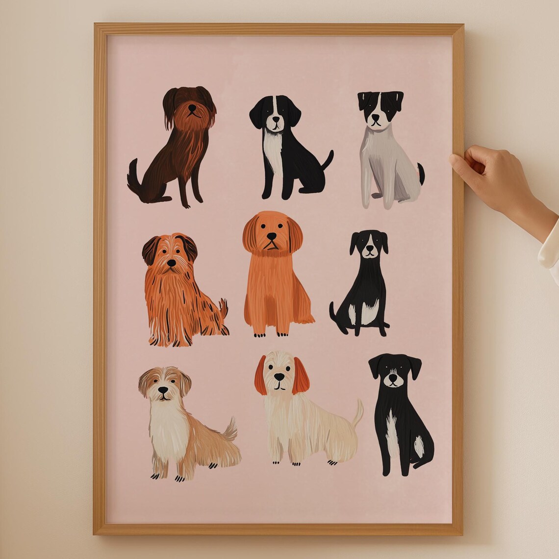 Nine Cute Dogs Illustration Pink Dog Lover Bathroom Wall Poster