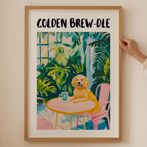 Golden Doodle Kitchen Poster Trendy Coffee Lover Wall Art For Room Decor Funky Goldendoodle Print Dopamine As Gift