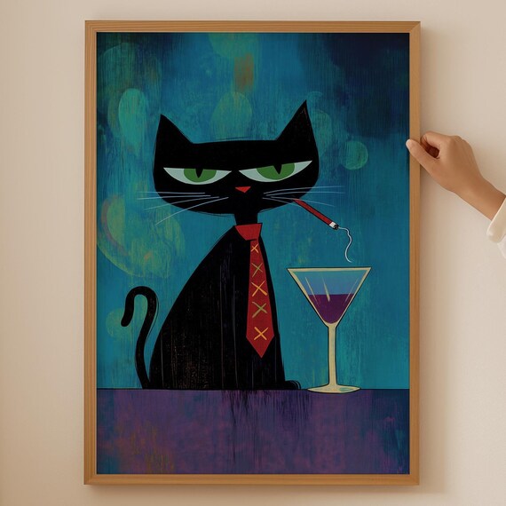 Black Cat with Martini Cocktail Retro Lounge Funny Cat Art Poster