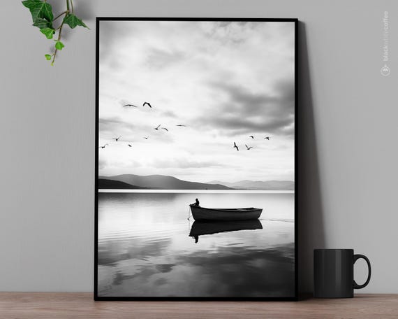 Boat On A Lake With Cloudy Sky Minimalistic Black White Artwork Poster