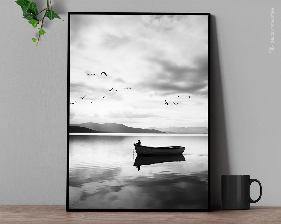 Lone Boat On Still Lake Birds Cloudy Sky Black White Photo Poster