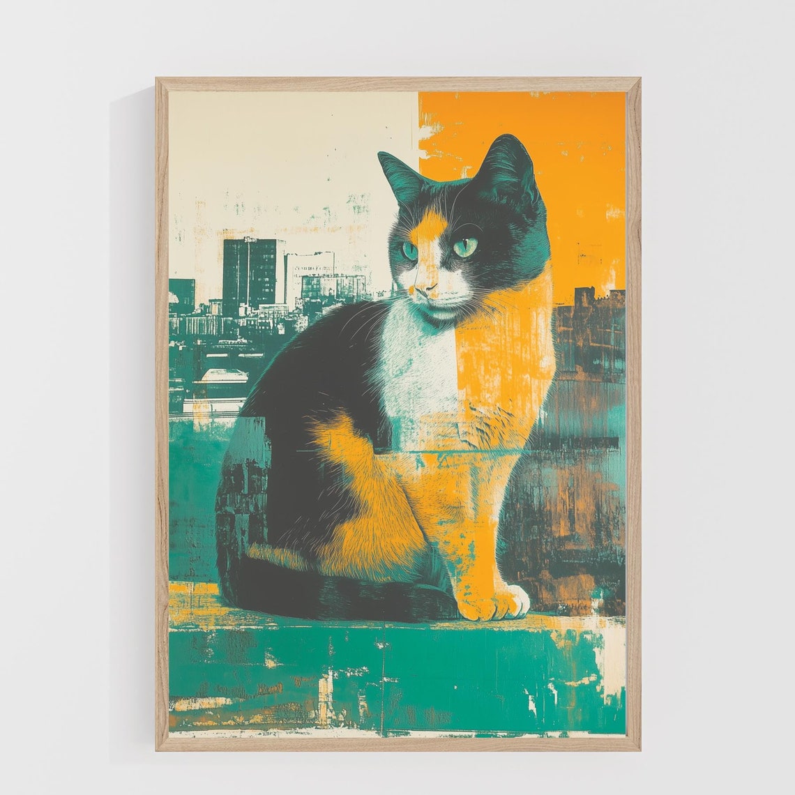 Calico Cat Sitting in Teal Orange Cityscape Pop Art Style Poster - Image 5