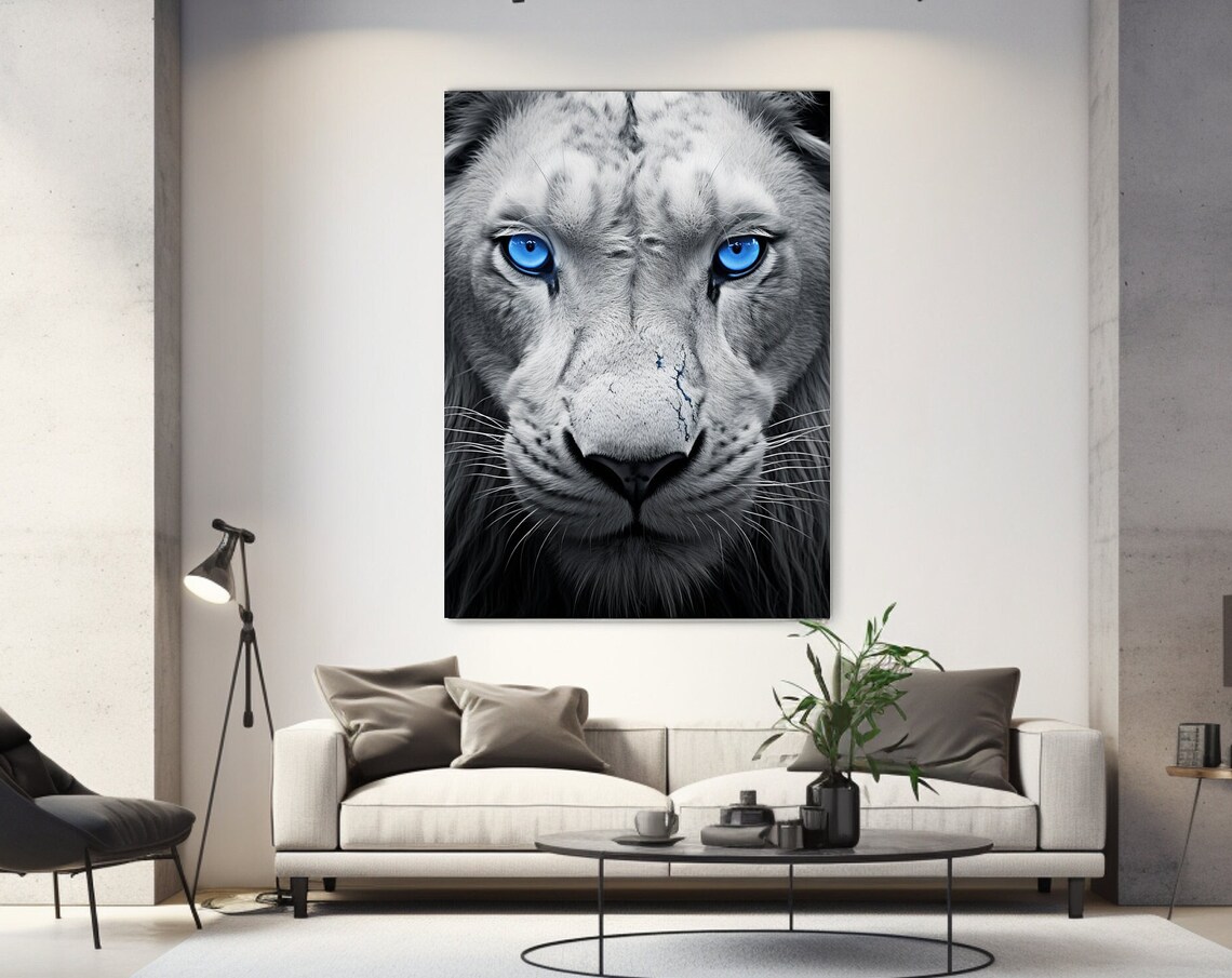 White Lion With Blue Eyes Close Up Black White Wild Big Cat Poster