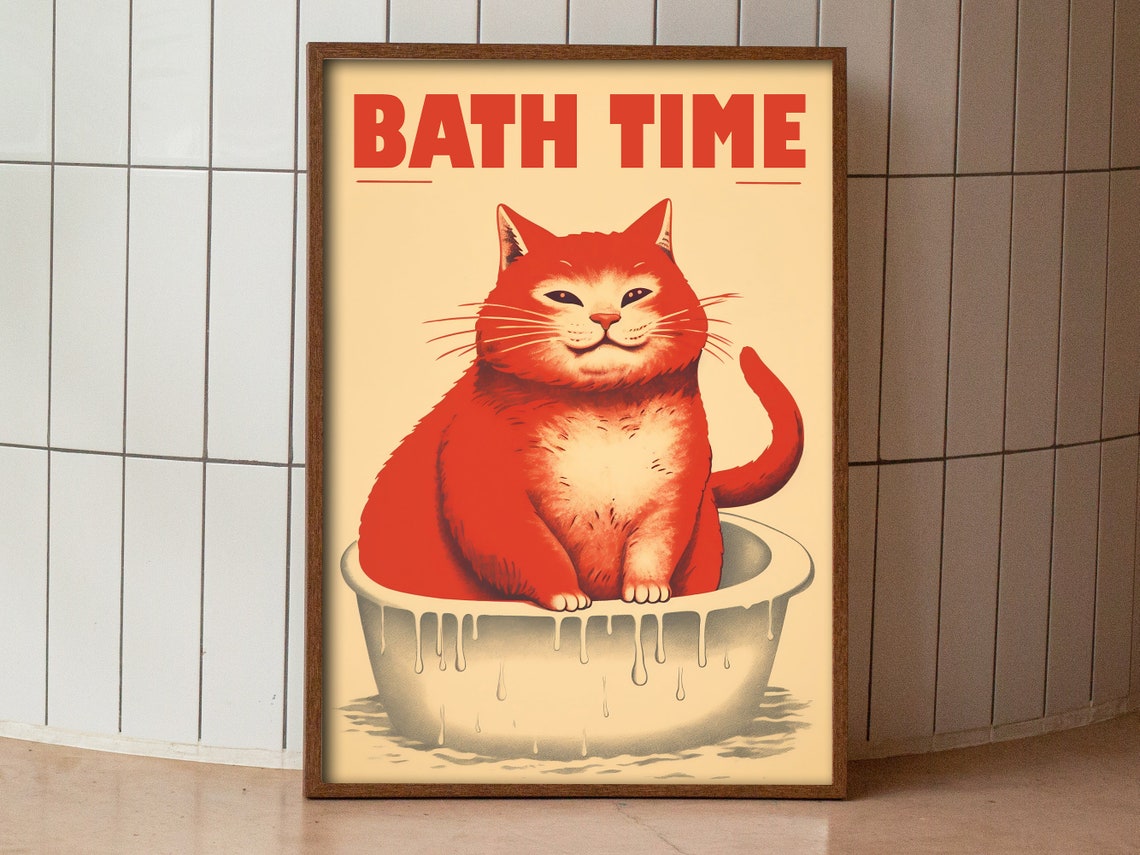 Bath Time Funny Retro Fat Orange Cat In Bathtub Bathroom Poster - Image 3