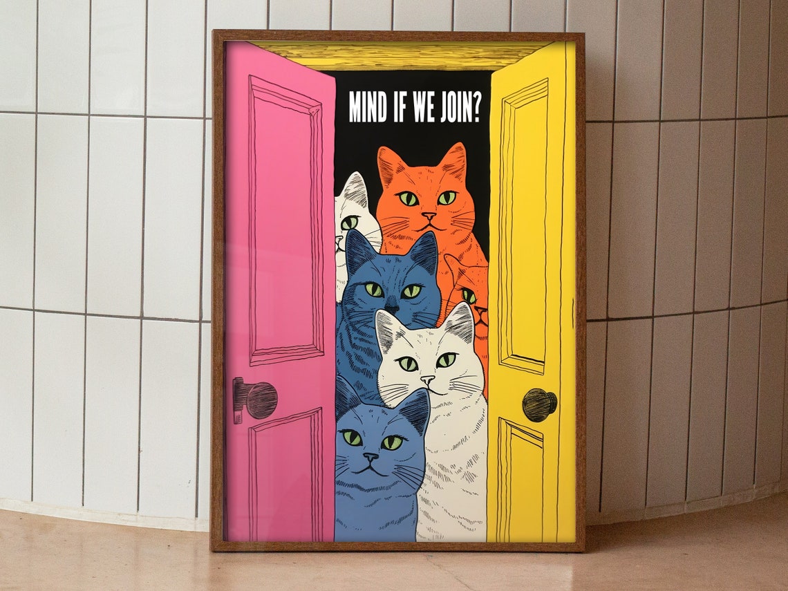Mind If We Join Funny Cats Peeking Door Retro Pop Art Kitchen Poster - Image 3