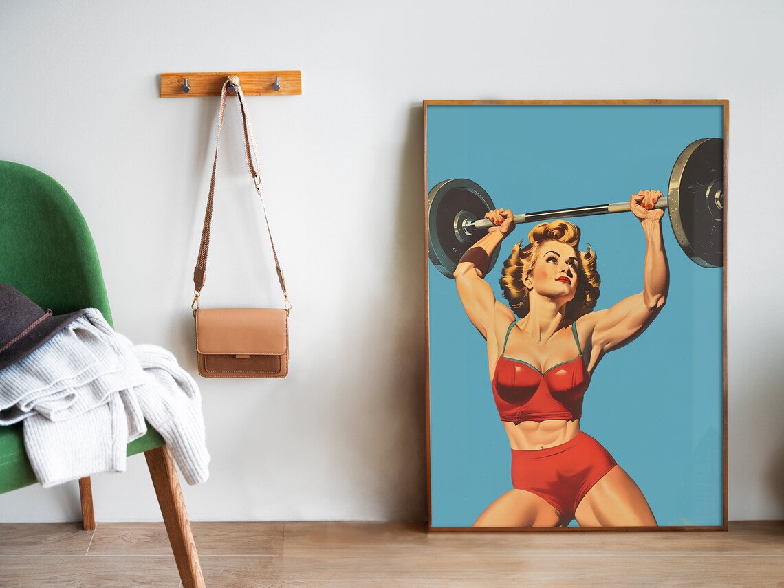 Retro Gym Poster Home Gym Wall Art Female Gym Print Heavy Lifting Art Blue Workout Print Retro Posters Fitness Art Print - Image 5