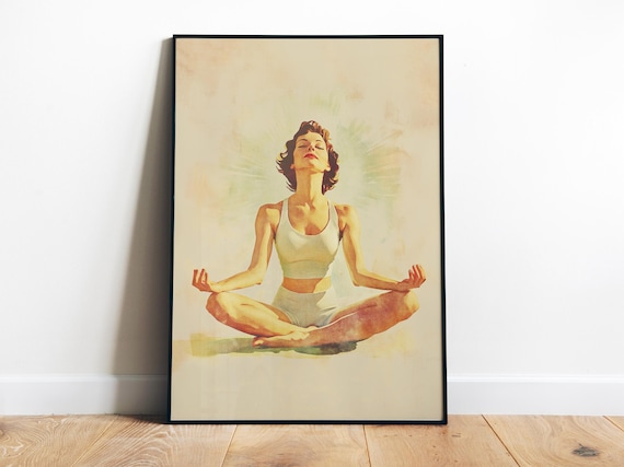 Woman Meditating In Lotus Pose Retro Yoga Wellness Art Poster
