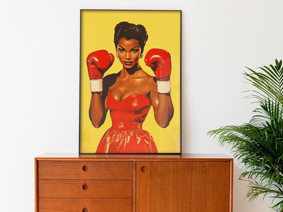 Female Boxer Retro Print, Black Women Gym Art - Image 4