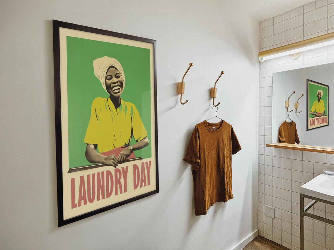 Laundry Day Smiling Retro Woman Green Vintage Laundry Room Poster - Image 4