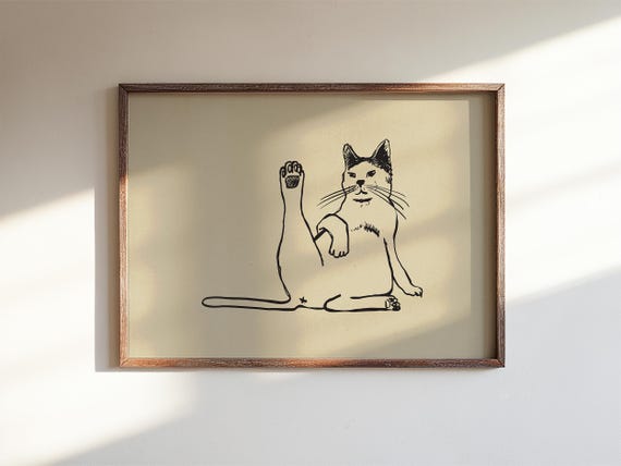 Funny Cat Licking Butt Line Drawing Minimalist Feline Bathroom Toilet Art Digital Download