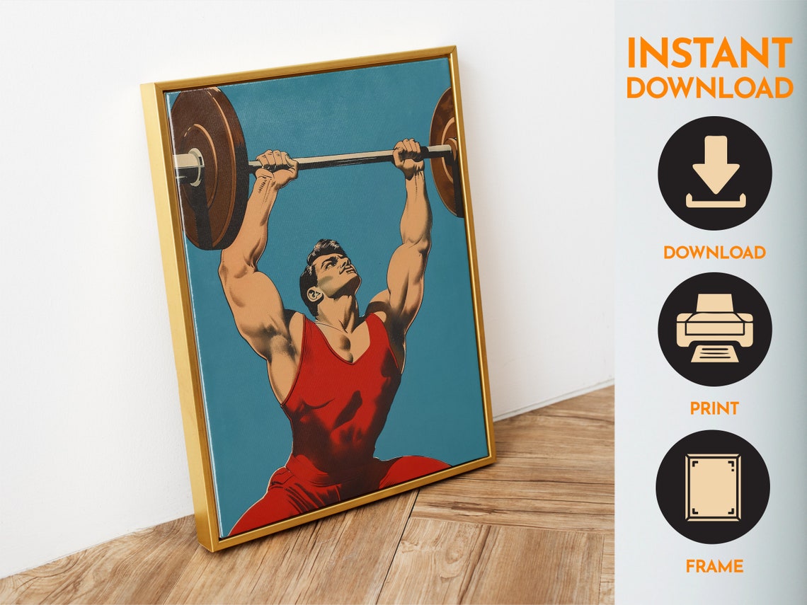 Weightlifter Lifting Barbell Overhead Vintage Strongman Art Poster - Image 6