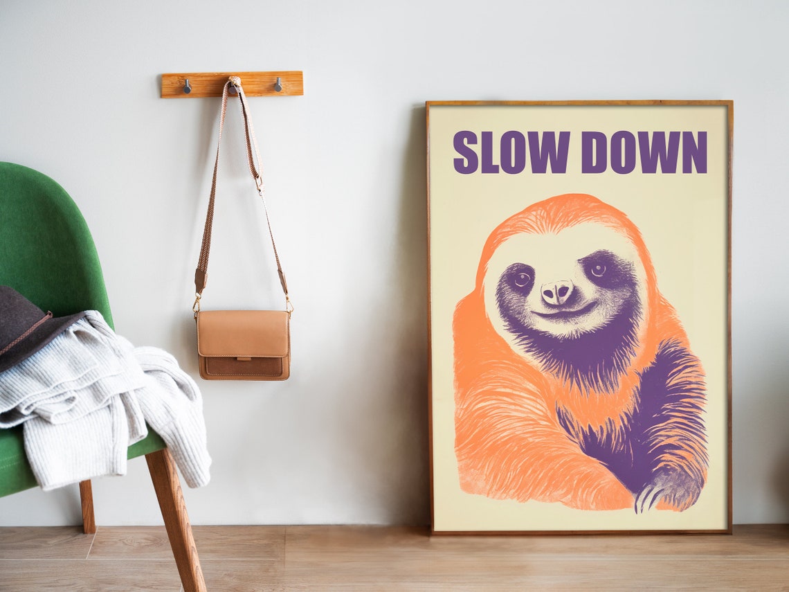 Slow Down Smiling Sloth Orange Purple Retro Relax Wall Poster - Image 5