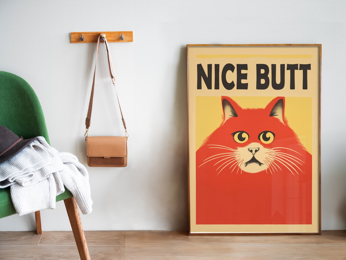 Nice Butt Funny Red Cat Face Retro Bathroom Quote Art Poster - Image 5