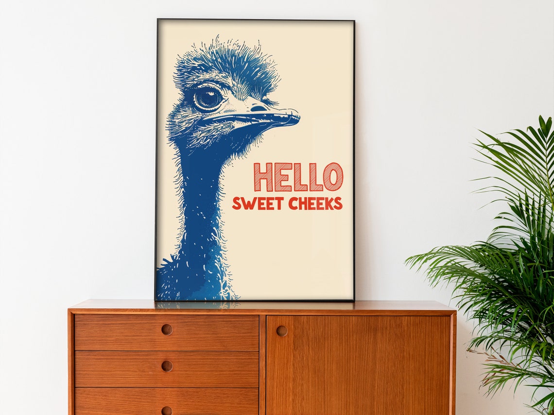 Hello Sweet Cheeks Funny Blue Ostrich Bathroom Humor Art Poster - Image 3