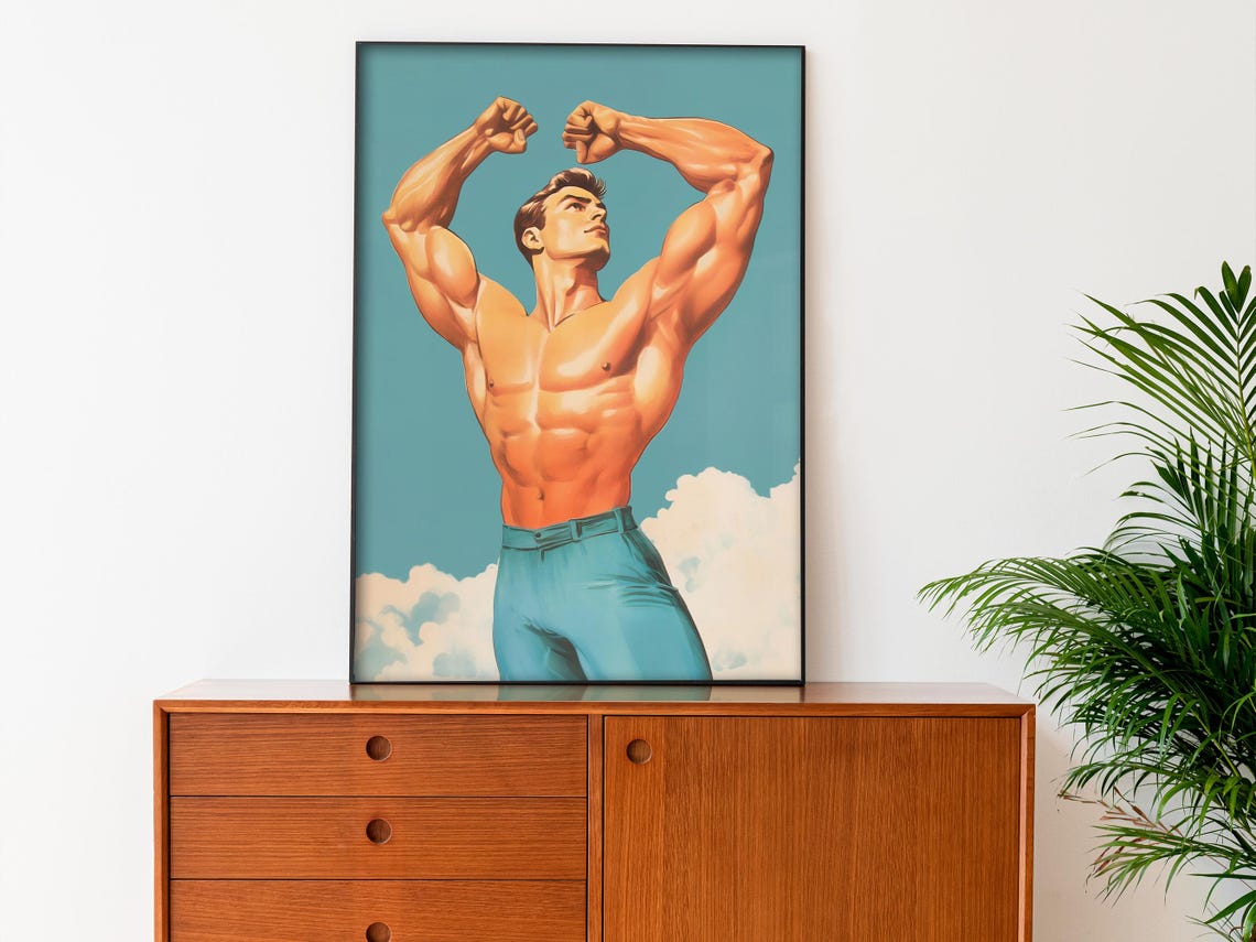 Muscular Bodybuilder Flexing Double Biceps Retro Gym Art Poster - Image 4