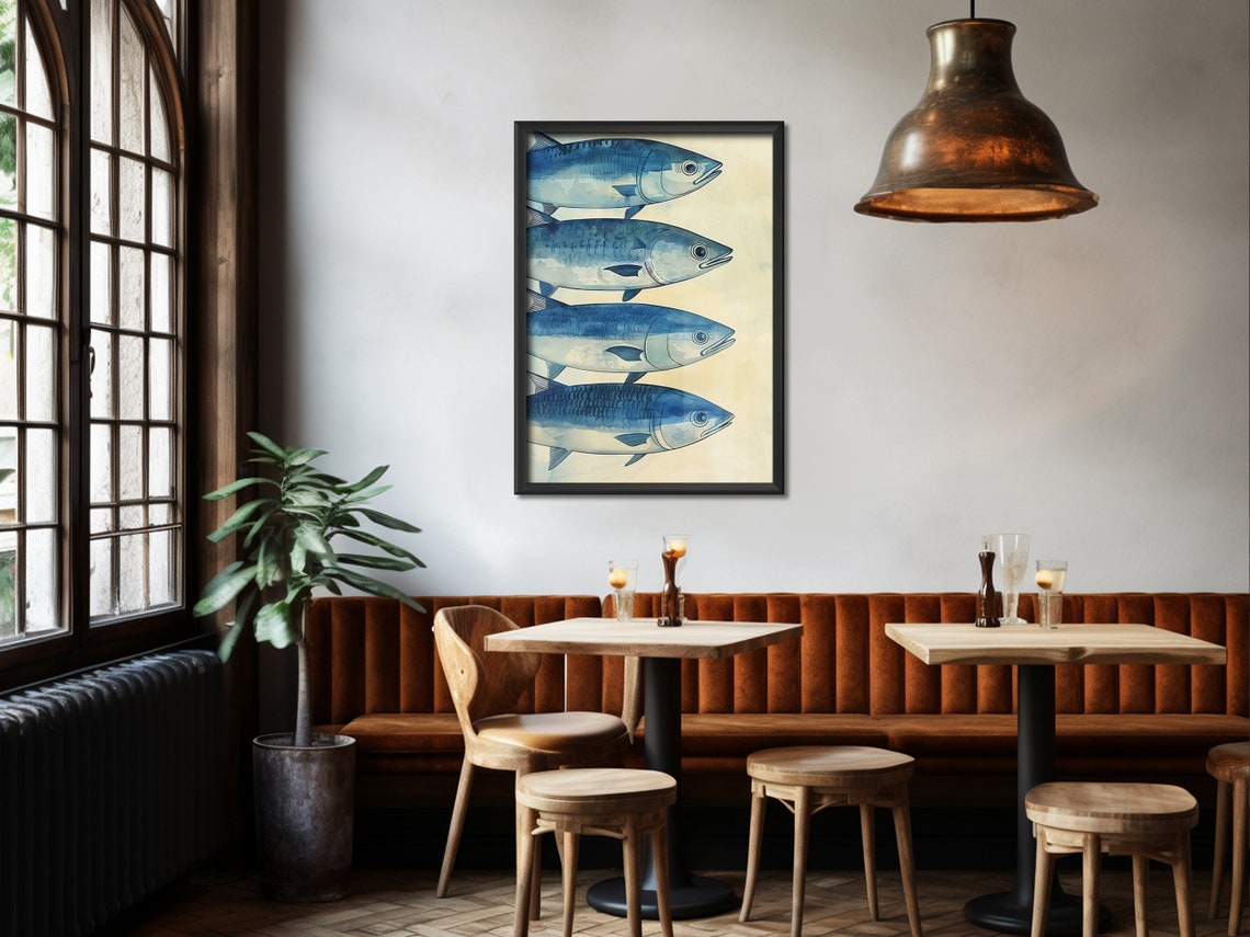 Four Blue Sardines Retro Watercolor Fish Art Kitchen Decor Poster - Image 3