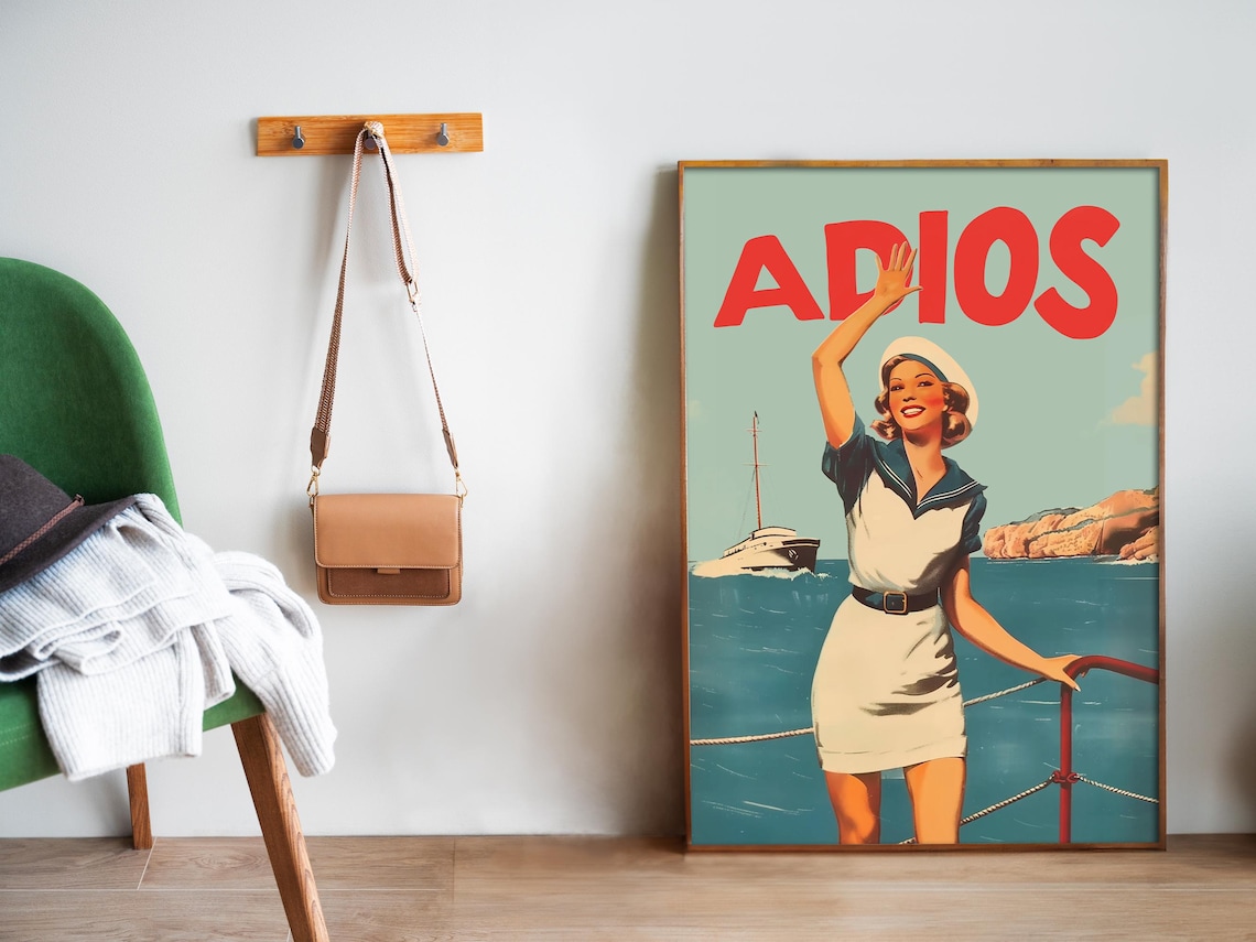 Adios Waving Sailor Woman Boat Retro Coastal Vintage Travel Poster - Image 5