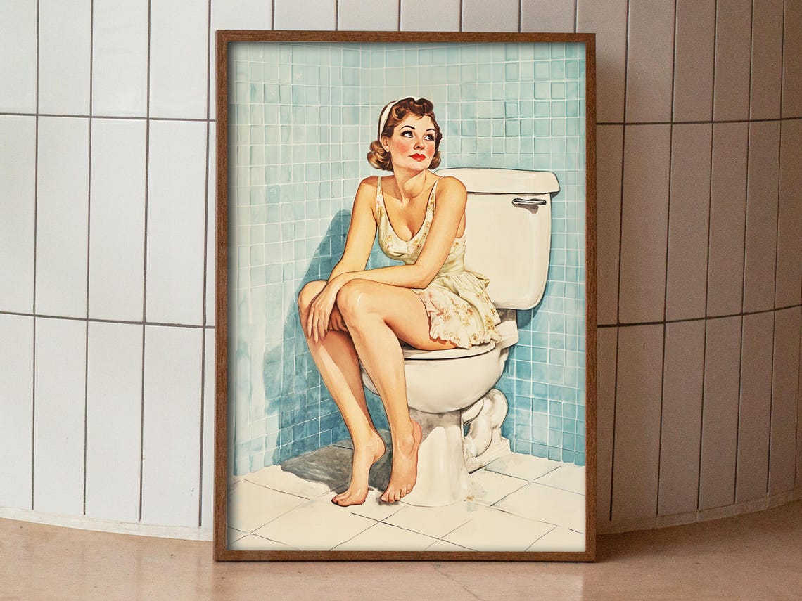 Retro Housewife Sitting On Toilet Vintage Bathroom Art Poster - Image 4