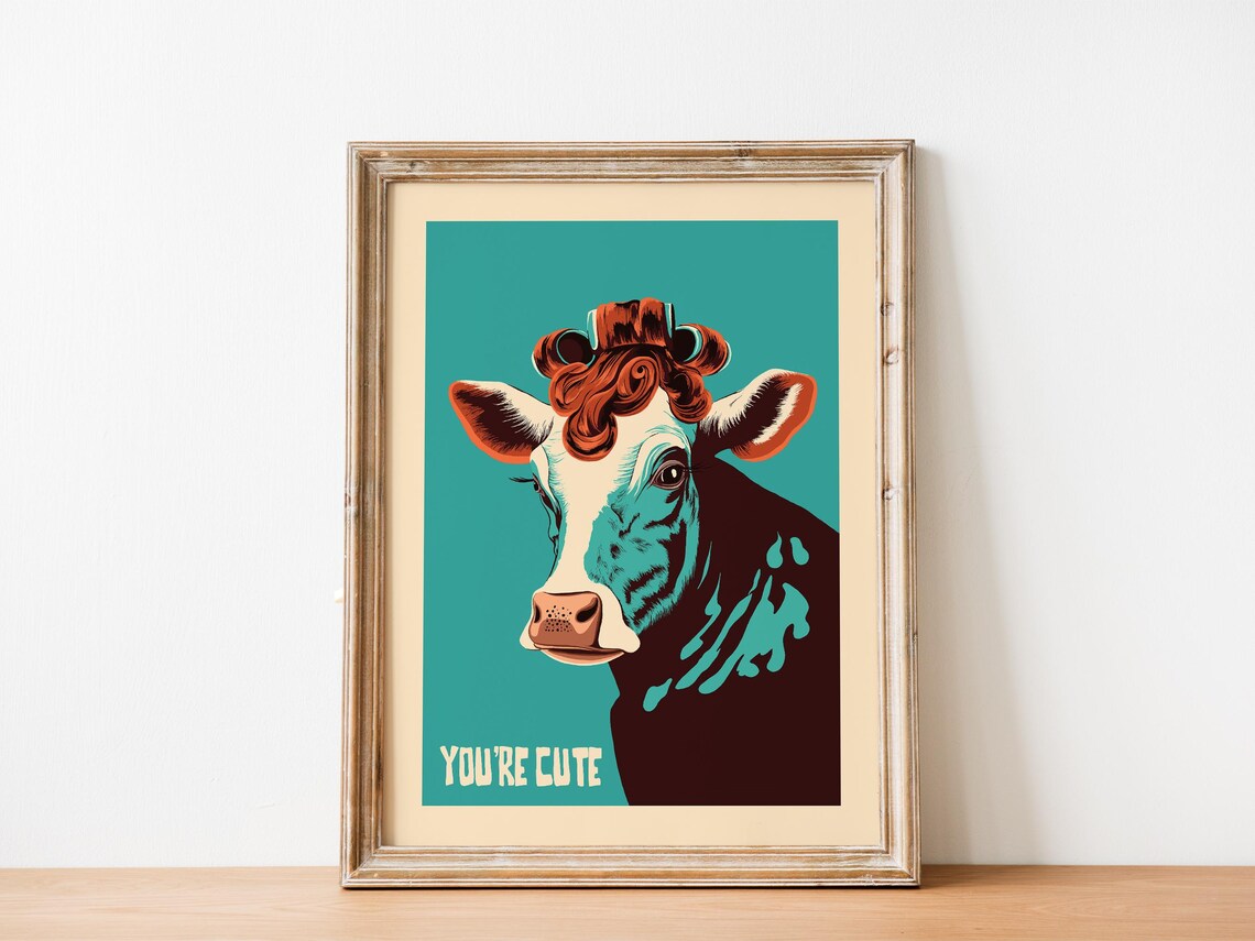 You're Cute Funny Cow Portrait Curly Hair Bathroom Art Poster - Image 4