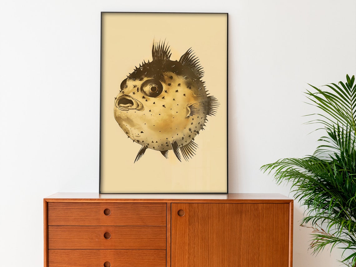Retro Pufferfish Vintage Sepia Fish Illustration Funny Bathroom Poster - Image 3
