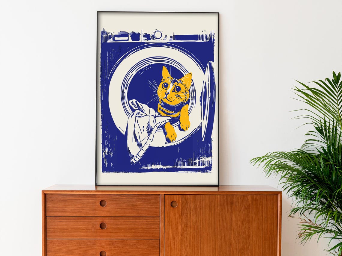 Cat In Washing Machine Funny Blue Laundry Day Pet Lovers Poster - Image 3
