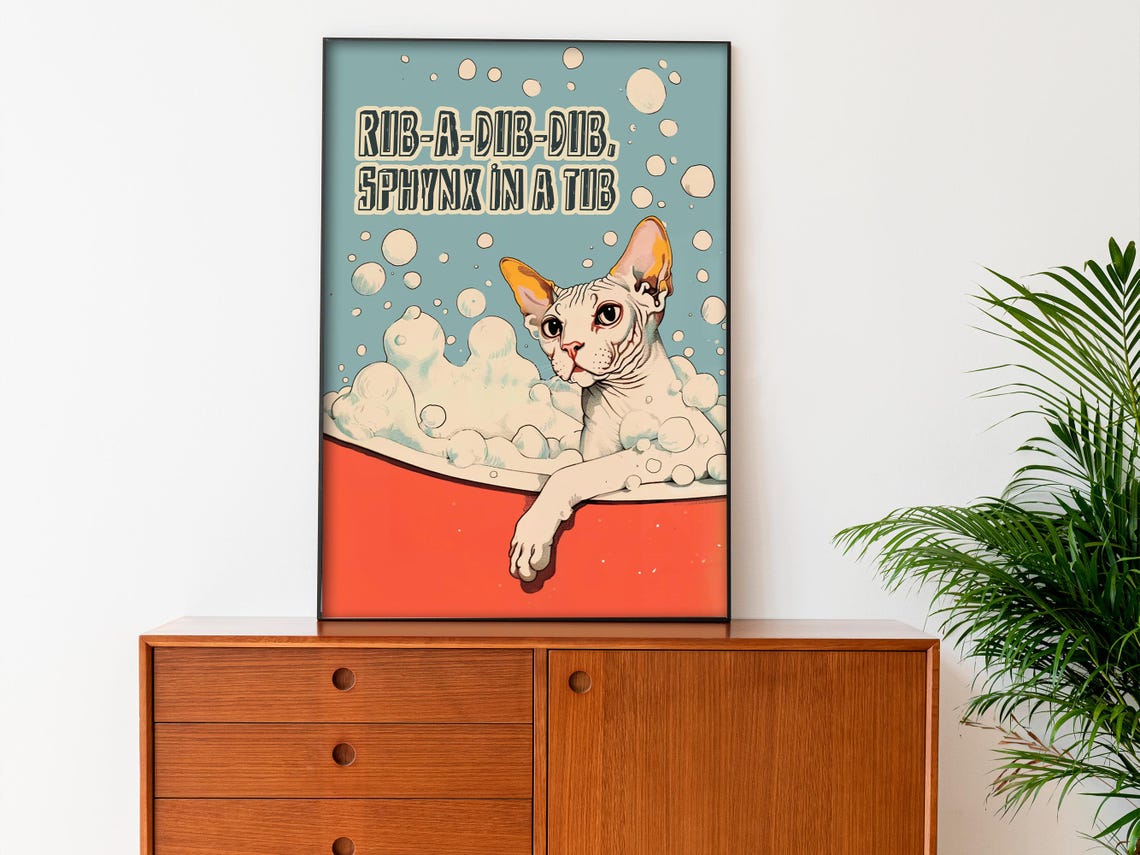 Rub A Dub Dub Sphynx Cat In A Red Tub Retro Funny Cat Poster - Image 3