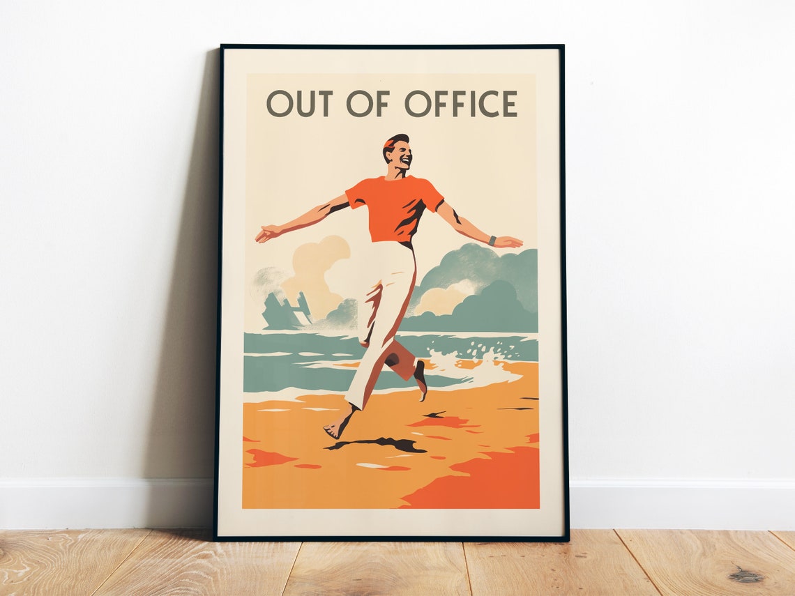 Out Of Office Funny Man Running On Beach Retro Travel Poster