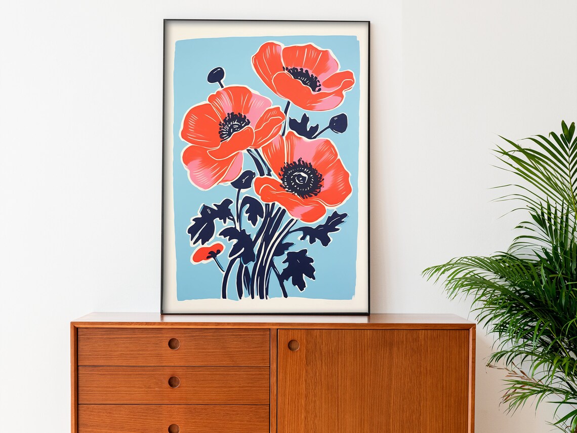 Poppies Botanical Art, Retro Countryside Poster Print - Image 2