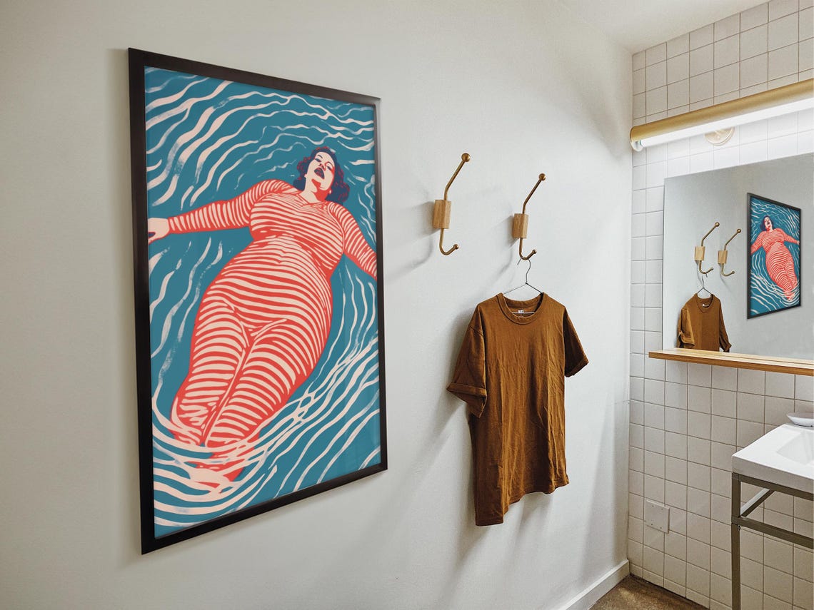 Floating Woman In Striped Red Swimsuit Retro Pool Art Poster - Image 4