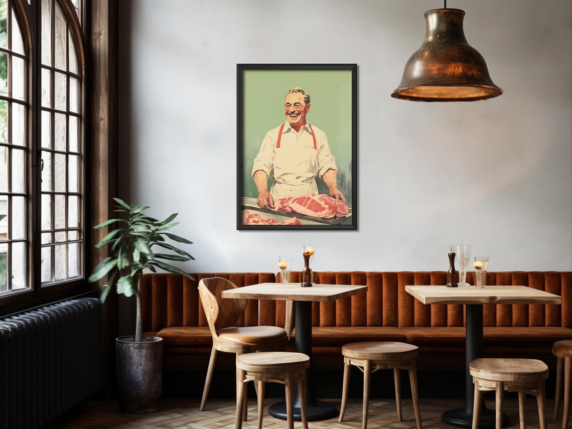 Happy Butcher With Fresh Meat Vintage Retro Kitchen Art Poster - Image 3