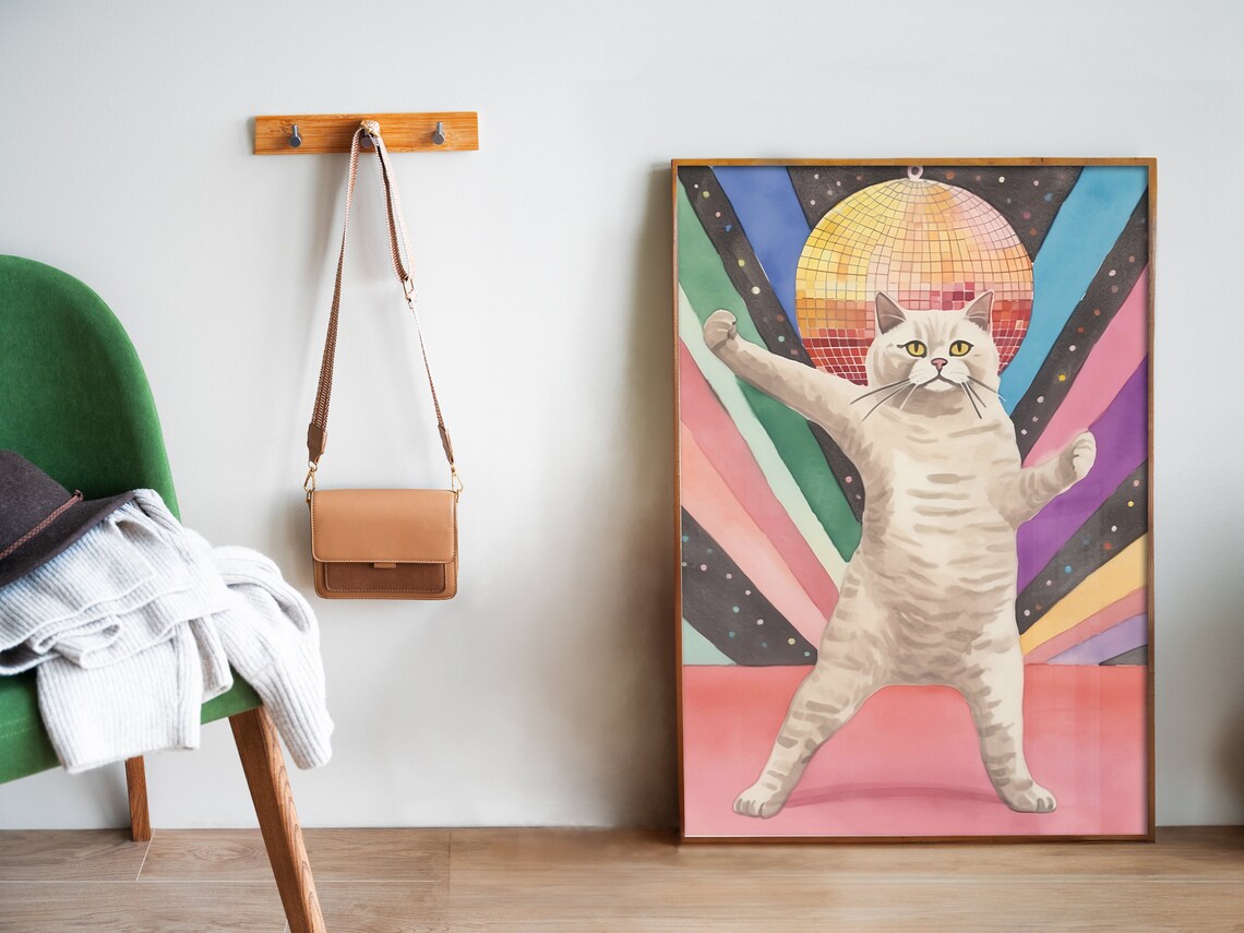 Disco Cat Funny Poster, Trendy Cat Watercolor - Image 5