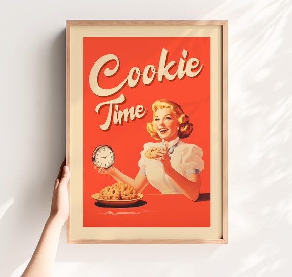 Cookie Time Poster Retro Kitchen Wall Art Funny Dessert Print 1950s Baking Digital Download For Lovers Cute Cafe Decor