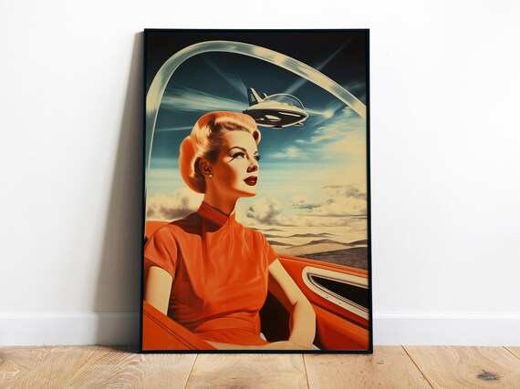 Glamorous Woman Flying Car Retro 70s Sci-Fi Futurist Art Poster