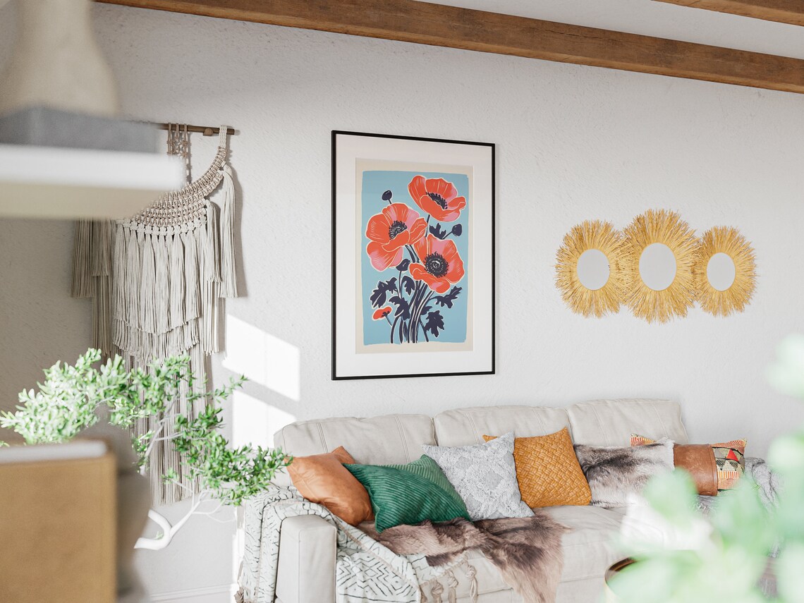 Poppies Botanical Art, Retro Countryside Poster Print - Image 3